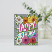 カラフルなグレーの花柄の誕生日カード ポストカード (スタンド正面)