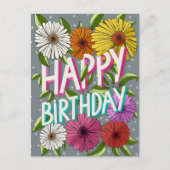 カラフルなグレーの花柄の誕生日カード ポストカード (正面)