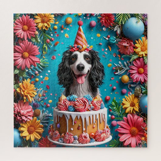 カラフルなケーキで誕生日を祝う幸せな犬 ジグソーパズル (縦)