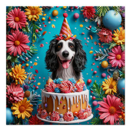 カラフルなケーキで誕生日を祝う幸せな犬 ポスター