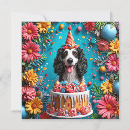 カラフルなケーキで誕生日を祝う幸せな犬 招待状