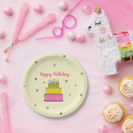 カラフルなケーキとコンフェティでお祝いするハッピーバースデー ペーパープレート