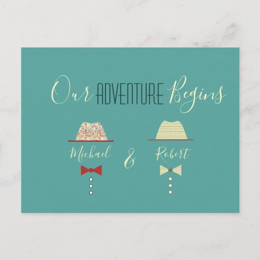 カラフルなゲイウェディング・セーブ・ザ・デート 案内ポストカード (正面)