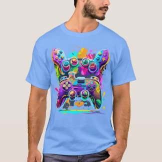 カラフルなゲーマー ゲームコントローラー ペイントドリップデザイン G Tシャツ