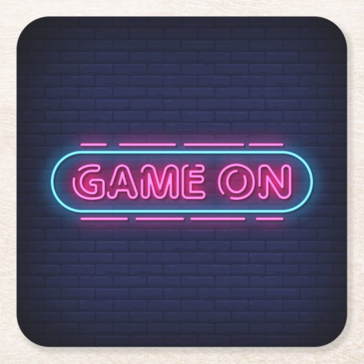 カラフルなゲーム開始のネオンサイン風デザイン スクエアペーパーコースター (正面)
