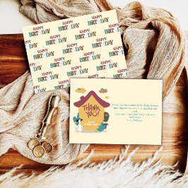 カラフルなコジーな家のお子様の誕生日お礼カード サンキューカード