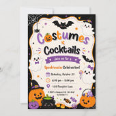 カラフルなコスチュームとカクテルのハロウィンパーティー 招待状 (正面)