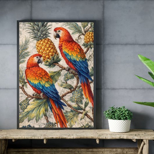 カラフルなコンゴウインコとパイナップル ポスター