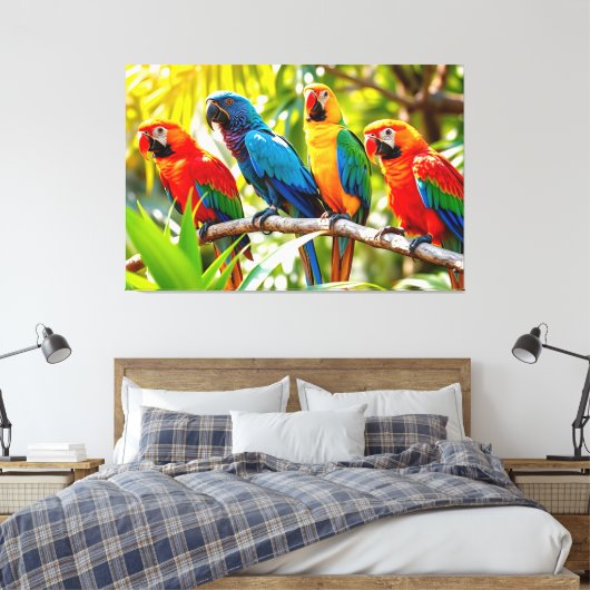 カラフルなコンゴウインコの鳥アート キャンバスプリント (インサイチュ (寝室))