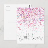 カラフルなコンフェッティとラブ ピンク ポストカード (正面/裏面)