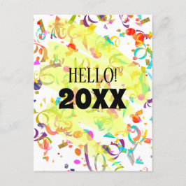 カラフルなコンフェッティの新年黄色のスクイグル シーズンポストカード