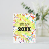 カラフルなコンフェッティの新年黄色のスクイグル シーズンポストカード (スタンド正面)