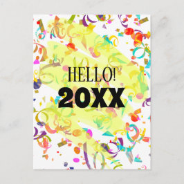 カラフルなコンフェッティの新年黄色のスクイグル シーズンポストカード