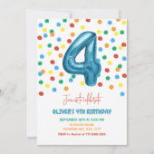カラフルなコンフェッティの風船4個の4歳誕生日男の子 招待状 (正面)