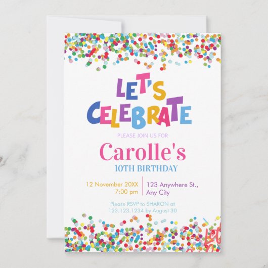 カラフルなコンフェッティパーティーの誕生日をお祝いしよう 招待状 (正面)