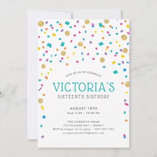 カラフルなコンフェッティ誕生日パーティー 招待状 (正面)