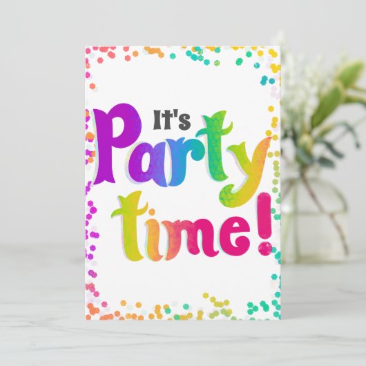 カラフルなコンフェッティ パーティータイム!お祝い 招待状 (スタンド正面)