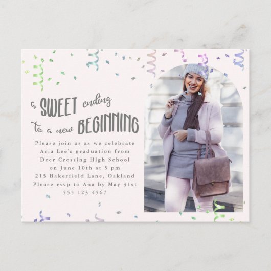 カラフルなコンフェッティ 卒業パーティー招待状 案内ポストカード (正面)