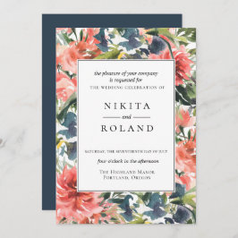 カラフルなコーラル ダリア フローラル ウェディング 招待状