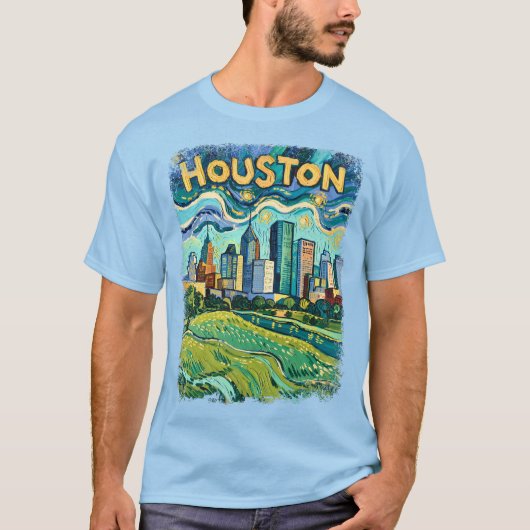 カラフルなゴッホ風ヒューストンの都市景観 Tシャツ (正面)