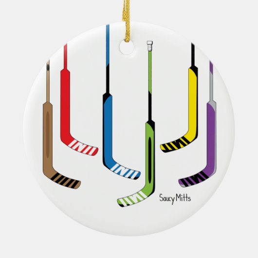 カラフルなゴールキーパーのアイスホッケー用スティック セラミックオーナメント (裏面)