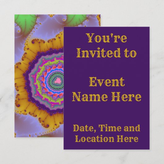 カラフルなゴールドとパープルのフラクタル誕生日 招待状 (正面/裏面)