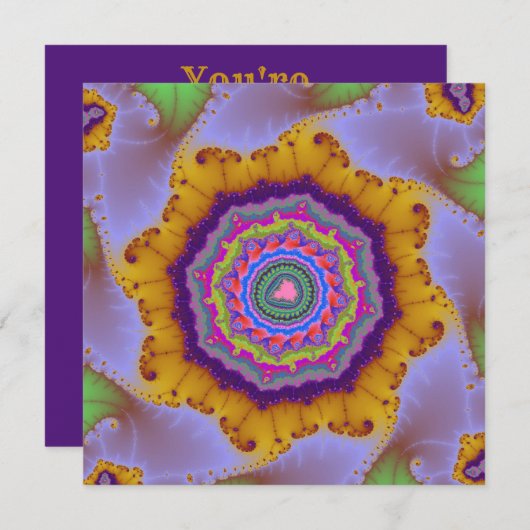 カラフルなゴールドとパープルのフラクタル誕生日 招待状 (正面/裏面)