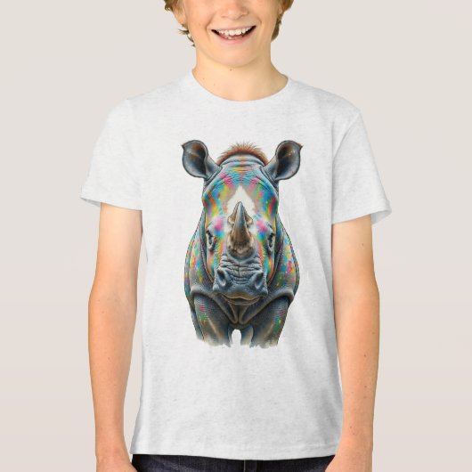 カラフルなサイの肖像画 鮮やかな野生生物 トライブレンドTシャツ (正面)