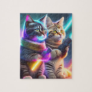 カラフルなサイバーパンク猫 レーザー銃 ジグソーパズル