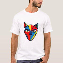 カラフルなサッカーインスパイアデザインのサッカーネコ顔 Tシャツ