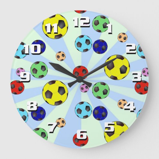 カラフルなサッカーボール、大きな数字で読みやすい ラージ壁時計 (正面)