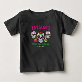 カラフルなサトウキビのドクロとDía 1歳の誕生日 ベビーTシャツ