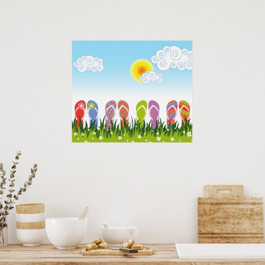 カラフルなサマーフリップフロップ 太陽の光の下で庭を楽しむ ポスター (キッチン)