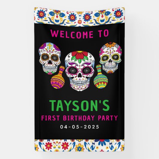 カラフルなサルスエルテのSugar Skulls 1歳の誕生日 横断幕 (縦)