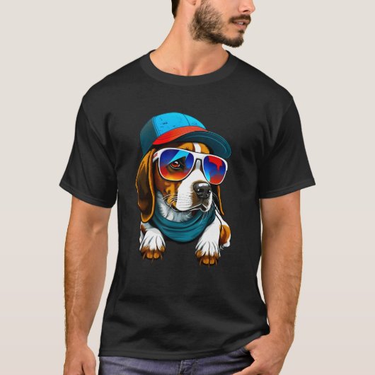 カラフルなサングラスと帽子を身に着けたビーグル Tシャツ (正面)