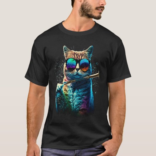 カラフルなサングラスをかけフルートを演奏する猫 Tシャツ (正面)