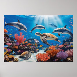 カラフルなサンゴの庭のウミガメとイルカ ポスター