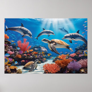 カラフルなサンゴの庭のウミガメとイルカ ポスター