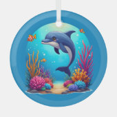 カラフルなサンゴ礁の遊び心あるイルカ ガラスオーナメント (正面)