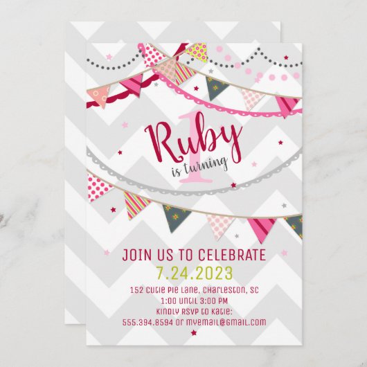 カラフルなシェブロン及び長旗の誕生日の招待状 招待状 (正面/裏面)