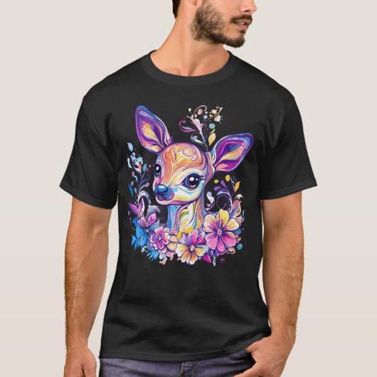 カラフルなシカのイラスト Tシャツ (正面)