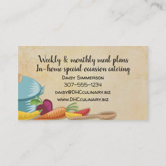 カラフルなシチュー鍋のシェフのケイタリングビジネスカード 名刺 (裏面)