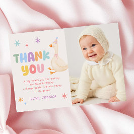 カラフルなシリー・グースの女の子 1歳の誕生日フォト サンキューカード
