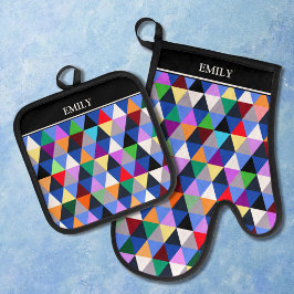 カラフルなジオメトリック柄のオーダーメイドデザイン 鍋つかみ&鍋敷きセット