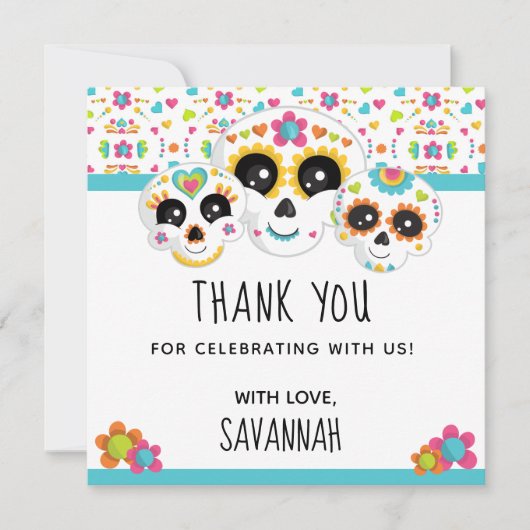 カラフルなスカル Dia de la Muerte ハロウィン 誕生日パーティー サンキューカード (正面)