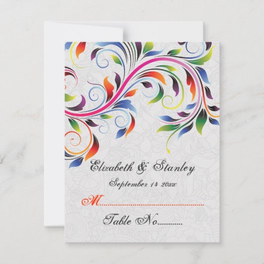 カラフルなスクロールリーフが灰色のウェディングプレイスカードに 招待状 (正面)