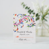 カラフルなスクロールリーフが灰色のウェディングプレイスカードに 招待状 (スタンド正面)