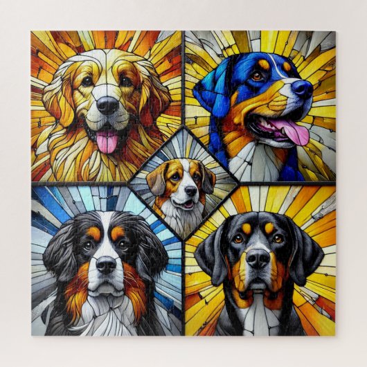 カラフルなステンドグラス犬の肖像画  ジグソーパズル (縦)