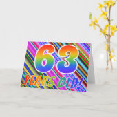 カラフルなストライプ + レインボーパターン 「63歳!」 カード (黄色い花)