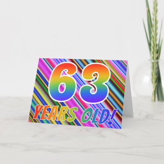 カラフルなストライプ + レインボーパターン 「63歳!」 カード (正面)
